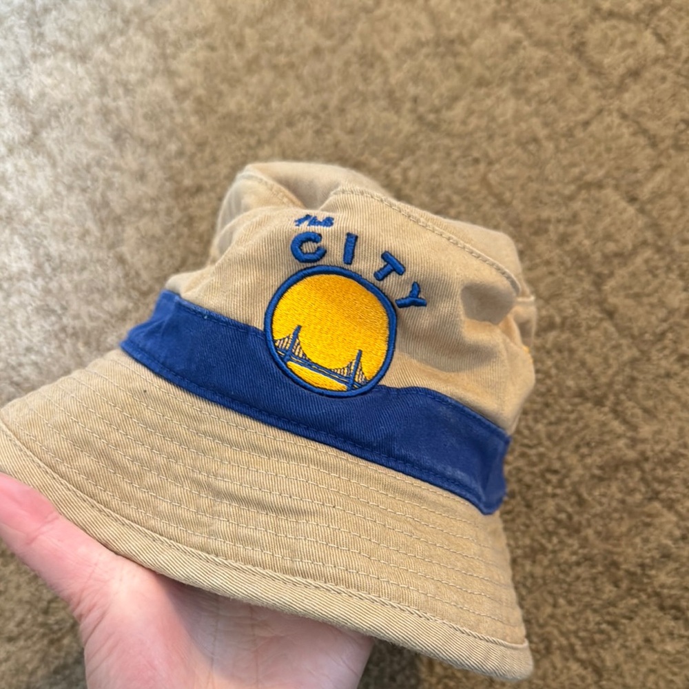 Tan and Blue Bucket Hat with Embroidery